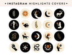 the instagram highlights covers are designed in black and white, with different symbols on them