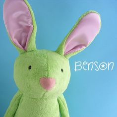 a green stuffed animal with pink ears and the words benson on it's side