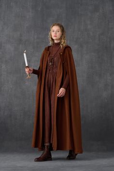 Hooded Wool Cloak Coat Maxi Hooded Wool Coat Cloak Medieval - Etsy Long Sleeve Cape For Costume In Fall, Long Sleeve Cape For Fall Costume, Medieval Cape For Cosplay And Fall Festival, Medieval Style Cape For Larp In Fall, Medieval Cape For Cosplay And Fall, Medieval Style Fall Cape Outerwear, Elven Cape Outerwear For Costume, Elven Style Cape For Larp In Fall, Medieval Cloak Woman