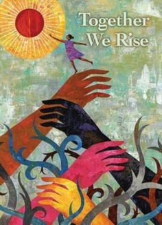 the cover of together we rise, with hands reaching for an orange sun above it