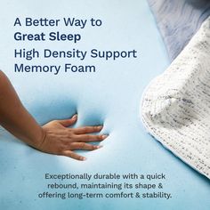 a woman's hand on top of a memory foam mattress with the words, a better way to great sleep high density support memory foam