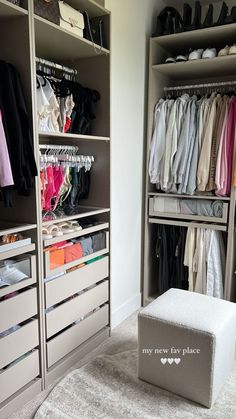 an organized closet with clothes and shoes