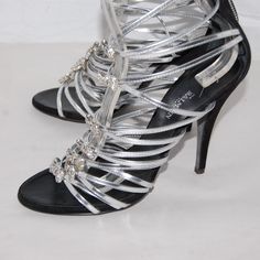 Giuseppe Zanotti For Balmain Paris High Heel Gladiator Sandals Boots Made In Italy Material : Metallic Leather Color : Silver Black Size: Eu 37.5 / Us 7.5 Heel : 4" Inches Evening Heels With Silver-tone Hardware, Silver Heels With Silver-tone Hardware For Evening, Silver Heels For Evening, Luxury Heels With Silver-tone Hardware For Party, Luxury Party Heels With Silver-tone Hardware, Silver-tone High Heel Party Heels, Party Heels With Silver-tone Hardware, Party High Heels With Silver-tone Hardware, Metallic Silver High Heel Sandals For Evening