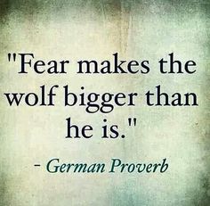 a quote that reads fear makes the wolf bigger than he is german provet on a grungy background