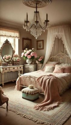 a bedroom with a bed, chandelier and flowers in the window sill