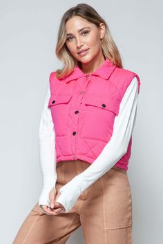 Add a touch of modern and edgy style to your wardrobe with our snap-down quilted crop vest. The snap-button closure, cropped length, and quilted design make it a versatile layering piece for any outfit. Stay on-trend and cozy, while elevating your look with this fashionable vest. Features: Pocketed Thickness: Normal Body: Lined Material composition: 100% polyester Imported Size Bust Top Length S 39 17.5 M 41 17.5 L 43 18.5 XL 45 18.5 Crop Vest, Farm Clothes, Normal Body, Cardigan Crop Top, Cardigan Crop, Cropped Vest, Sleeveless Bodysuit, Edgy Look, Floral Dress Black