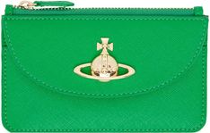 Vivienne Westwood.Green Saffiano Half Moon Card Holder.Saffiano faux-leather card holder in green..· Logo hardware at face.· Press-stud flap pocket at face.· Five card slots at back face.· Zip coin compartment.· Twill lining.· H3.25' x W5.25'.Supplier color: Bright green.58% recycled polyurethane, 42% polyurethane..Made in Italy..241314M163061 Vivienne Westwood Wallet, Moon Card, Green Wallet, Vivienne Westwood Bags, Green Logo, Men's Bags, Card Holder Leather, Press Studs, Bright Green