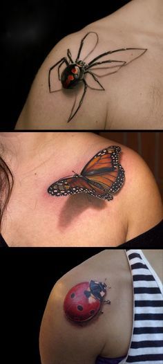 three pictures of different types of tattoos on women's shoulder and chest, one with a ladybug