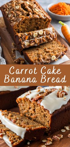 carrot cake banana bread with cream cheese frosting and nuts on top, sliced into slices