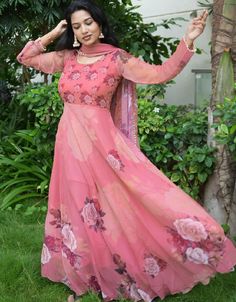 "Radiate femininity with our Pink Digital Printed Georgette Gown, capturing the essence of grace and beauty in every detail. 🌸✨ Experience the allure of captivating design and enchanting hues. #ArabicAttire #GeorgetteGown #DigitalPrintedPerfection #PinkVibes #FashionFlair" Baby Pink Georgette Gown, Luxury Pink Georgette Gown, Anju Kurian, Georgette Gown, Actress Without Makeup, Face Beauty, Pink Pink, Stylish Dresses