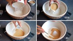 four pictures showing how to make sugar in a bowl