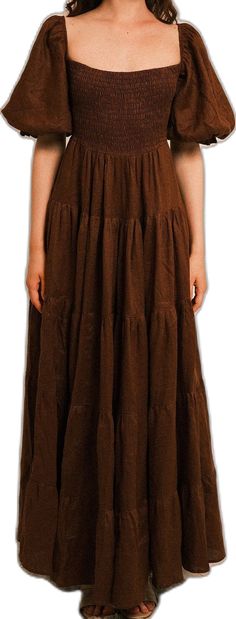 Modest Billowy Maxi Dress, Brown Smocked Summer Dress, Brown Peasant Style Dress, Casual Linen Smocked Dress, Summer Maxi Length Prairie Dress, Bohemian Midi-length Prairie Dress, Casual Prairie Dress For Daywear, Fall Peasant Prairie Dress, Bohemian Cotton Smocked Dress