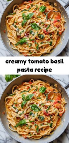 two pictures of pasta in a pan with basil and tomato sauce on the side, one has