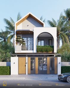 a car is parked in front of a house with plants growing on the windows and doors