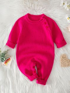 Hot Pink Casual Collar Long Sleeve Worsted Plain Jumpsuit Embellished Slight Stretch  Baby Girls Clothing Knit Baby Romper Pattern Free, Newborn Pink Clothes, Pink Baby Sweater, Plain Jumpsuits, Baby Jumper Knitting Pattern Free Jumpsuits & Rompers, Pink Sweater Dress Baby, Baby Girl Letters, Raglan Sleeve Sweater, Baby Girl Sweaters