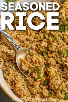 a white bowl filled with brown rice and topped with parsley on the side text reads seasoned rice