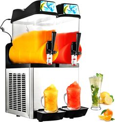 two drinks dispensers with oranges and lemons next to each other