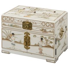 a white and gold decorated box with figures on it