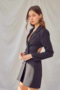 Blazer Dress Button Front Front Pockets Double Breasted Padded Shoulder Long Sleeves Cut Out Back 97% Polyester 3% Spandex Long Blazers, Button Front Dress, Long Blazer, Out Back, Button Dress, Pitcairn Islands, Blazer Dress, British Indian, Mozambique