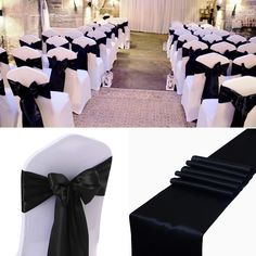 black and white chair sashes with bows on the back, and an image of a banquet hall