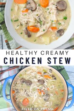 chicken stew with carrots, mushrooms and celery in a white bowl