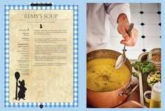 a recipe book with an image of a cook stirring soup in a pot and cooking utensils