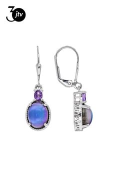 9x7mm Oval Cabochon Violet Aurora Moonstone And 0.27ctw Oval African Amethyst Rhodium Over Sterling Silver Dangle Earrings. Measures Approximately 1.17"L x 0.36"W. Leverbackings. Finished Under Gallery. Elegant Nickel-free Silver Gemstones, Elegant Oval Cabochon Gemstones, Silver Oval Cabochon Earrings, Formal Silver Oval Cabochon Earrings, Silver Cabochon Drop Earrings, Sterling Silver Jewelry With Oval Cabochon Accent Stones, Silver Jewelry With Oval Cabochon Gemstone Accents, Oval Cabochon Gemstone Earrings For Anniversary, Sterling Silver Jewelry With Oval Cabochon Gemstone Accents