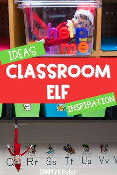 an elf hanging from the ceiling in front of a classroom sign