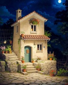 a painting of a house with steps leading up to it and potted plants on either side