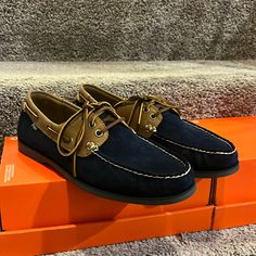 New In Damaged Box And Authentic Item. Blue Leather Low-top Boat Shoes, Blue Low-top Leather Boat Shoes, Blue Boat Shoes With Round Toe And Branded Insole, Blue Leather Boat Shoes With Round Toe, Blue Suede Boat Shoes With Round Toe, Blue Leather Boat Shoes With Stitched Sole, Deck Shoes Men, Polo Ralph Lauren Shoes, Canvas Boat Shoes