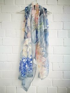 Silk chiffon Shawl Water lilies Delphiniums Swans scarf Cream | Etsy Summer Shawl Scarf With Floral Print, Blue Bohemian Scarves With Floral Print, Blue Bohemian Silk Scarf For Spring, Bohemian Blue Silk Scarf For Spring, Spring Blue Floral Print Silk Scarf, Summer Blue Floral Print Scarves, Artistic Blue Silk Scarf For Spring, Blue Floral Print Shawl For Spring, Blue Silk Scarf For Beach In Spring