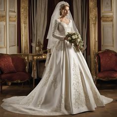 a woman in a white wedding dress standing next to a red and gold chair with flowers on it