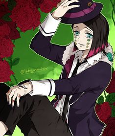 an anime character sitting on the ground with roses in the background and one hand up to his head