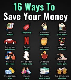 a poster with the words, 16 ways to save your money and pictures on it