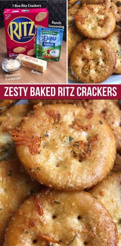 some food that is on top of a table and in front of the words zesty baked ritz crackers