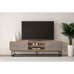 an entertainment center with a flat screen tv and potted plants on the side table