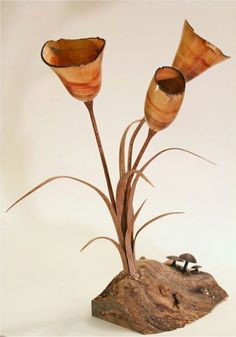 two flowers are placed on top of a piece of driftwood and one flower is growing out of it