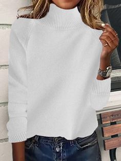 Shop Affordable Women Sweaters Spring/Fall Sweater Casual Sweater Plain Sweater Loose Daily Turtleneck Long Sleeve On Justfashionnow.com Plain Sweater, White Pullover Sweater, Plain Sweaters, Yarn Sweater, Buy Sweaters, Sweater Jumpsuit, Casual Sweater, Women Sweaters, Fall Sweater