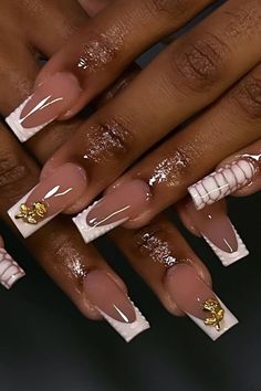 Clean Birthday Nails, Med Nails Ideas, Fall Time Nails Designs, Dope Nail Designs French Tip, Cute Medium Nails Ideas, Autumn Nails Black Women, Medium Length White Nails, White And Gold Birthday Nails, Nail Ideas With Gold