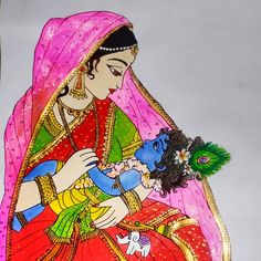 a painting of a woman holding a baby in her arms and wearing a pink sari