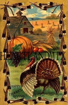 an old thanksgiving card with turkeys and pumpkins