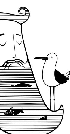 a black and white drawing of a man with a beard next to a seagull