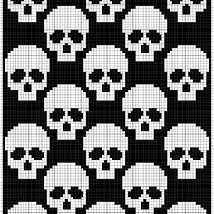 a cross stitch pattern with skulls on black and white squares in the center, as well as several smaller skull heads