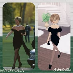 there are two pictures of women in black dresses