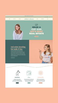 the website design for real estate is displayed on an orange and green background with white lettering