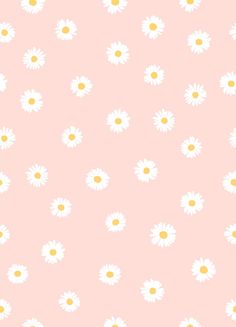 a pink background with white daisies and yellow dots on the bottom half of it