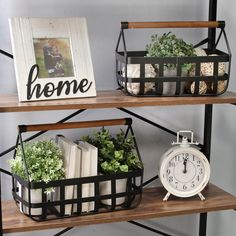 two shelves with books, plants and an alarm clock