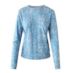 |scuba-blue-botanical Summer Beach Rash Guard With Crew Neck, Casual Summer Crew Neck Rash Guard, Casual White Rash Guard For Summer, Stretch Long Sleeve Tops For Beach Season, White Long Sleeve Rash Guard For Beach Season, Casual Summer Rash Guard With Uv Protection, Casual Spring Rash Guard For Surfing, Casual Stretch Rash Guard With Uv Protection, Summer Crew Neck Rash Guard For Surfing