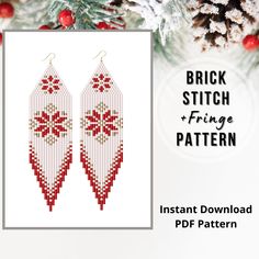 a pair of red and white beaded earrings next to pine cones