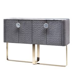 the sideboard with two drawers is made from metal and has three round knobs